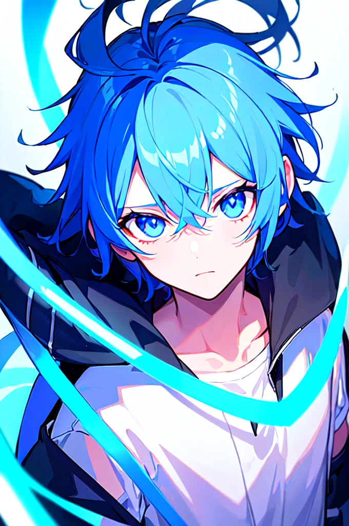 [(WHITE BACKGROUND:1.5),::5], ((((masterpiece)))), high quality, ultra very high resolution, full color, (((solo))), (()), oriental Blue hair, (oriental blue eyes), anime, ((upper body)), neon light, black parka, 
