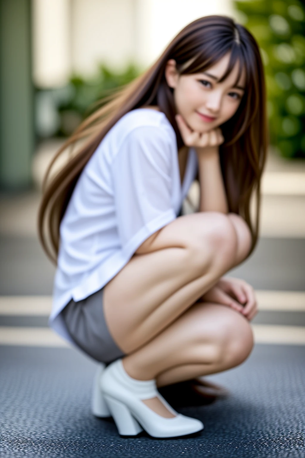 Gal-style beautiful girl、Flowing, outward-curling long hair、A neat and beautiful face、smile、looking at the camera、Front Angle、Vulpix、camisole、I can see your chest、mini skirt、mini skirtの中が見える、White panties are visible、White and beautiful thighs、Squatting in heels