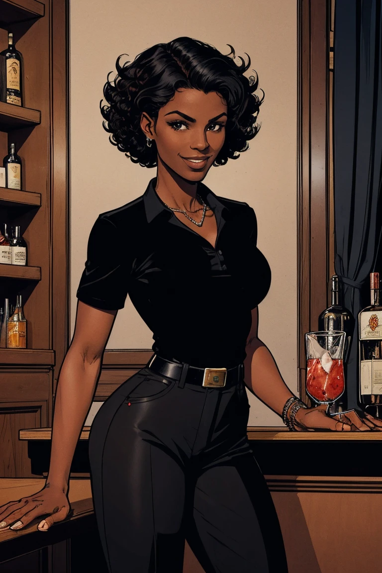 Cardinal, a gorgeous bartender woman with (dark skin, short curly black hair) wearing a black polo, tight slacks. Athletic, huge breasts, wide hips. Short curly black hair, mixing a drink. Smiling. Confident. At a high-end bar, luxury hotel. cleavage.