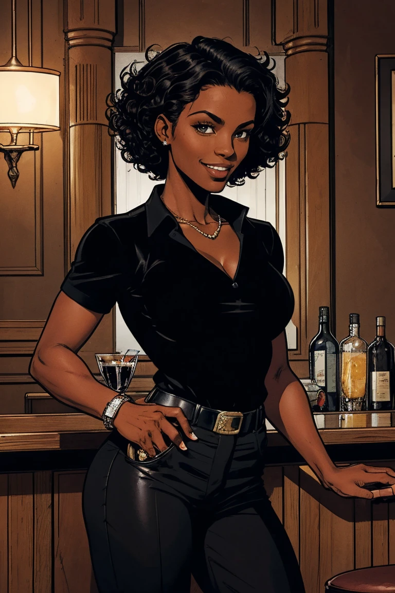 cardinal, a beautiful bartender with (darkskin, short curly black hair) wearing a black polo, tight pants. athletic, Broad Hips. short curly black hair, mixing a drink. smiling. confident. In a sophisticated bar, luxury hotel. neckleace.