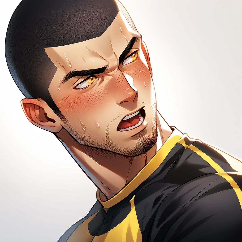 1muscular sportsman, Athlete, male focus, Buzz Cut, Yellow and black tight T-shirt, One, Very tight, muscular male, muscular, only, Upper body, alone, look to the side, short hair, stubble, sweat, black hair, Yellow eyes, open lips, White background, simple background, amazing quality, best aesthetics, Ridiculous, crew cut, moaning, blush, best quality