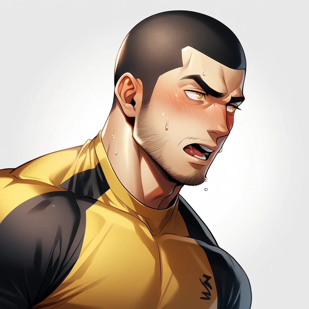 1muscular sportsman, Athlete, male focus, Buzz Cut, Yellow and black tight T-shirt, One, Very tight, muscular male, muscular, only, Upper body, alone, look to the side, short hair, stubble, sweat, black hair, Yellow eyes, open lips, White background, simple background, amazing quality, best aesthetics, Ridiculous, crew cut, moaning, blush, best quality