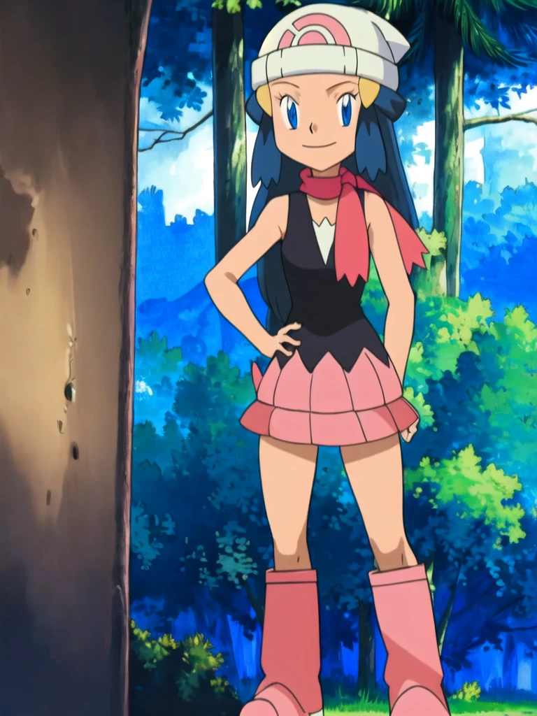 masterpiece, best quality, 1girl, dawn \(pokemon\), beanie, long hair, blue hair, blue eyes, black sleeveless shirt, pink scarf, pink skirt, pink boots, hands on hips, smile, looking at viewer, forest background