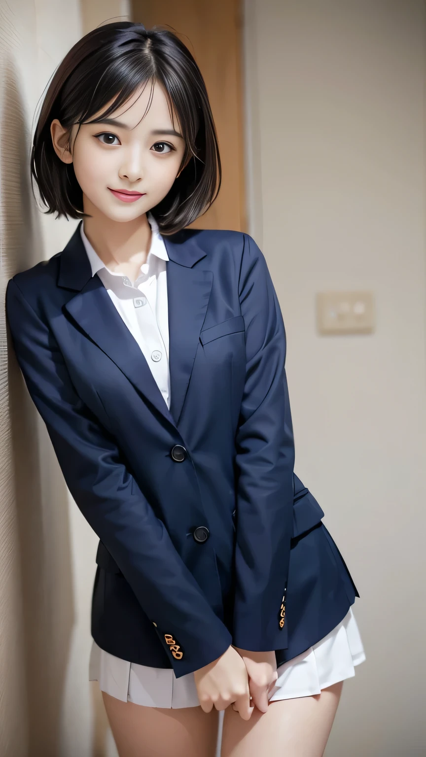 Masterpiece、Best Quality、Illustration、 Super detailed、Fine details、 High resolution、8K Denden Wallpaper、Perfect dynamic composition、 beautiful girl、A neat and clean high school girl、Detailed beautiful face、Detailed beautiful eyes、Textured skin、A shy smile、Short Bob、Small breasts、Bold sexy pose、Navy blue school blazer uniform、Red ribbon、