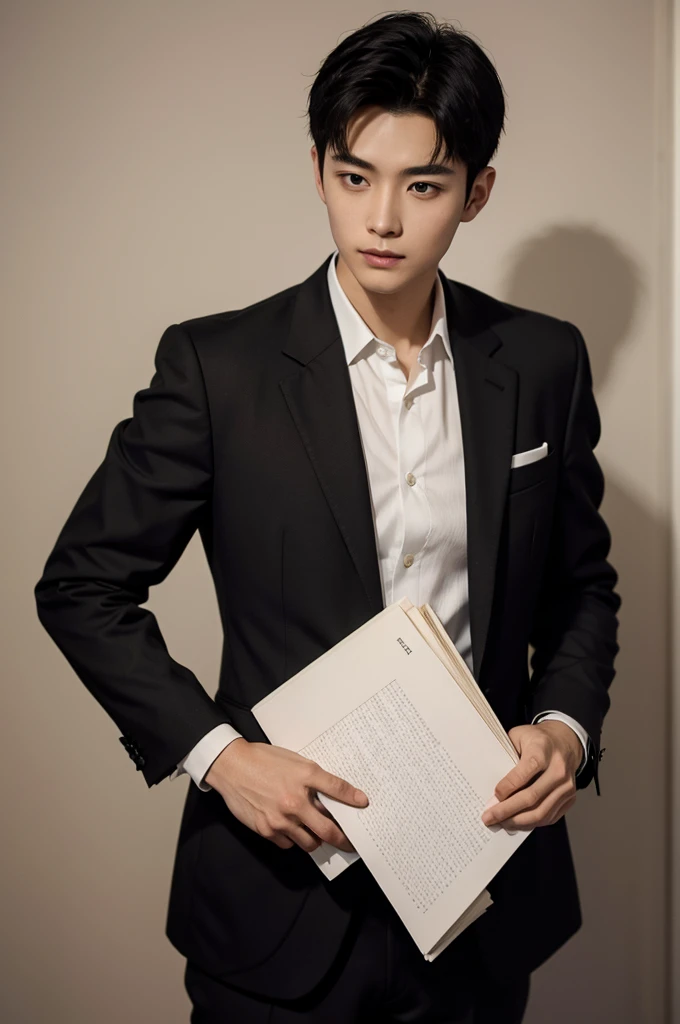 (Masterpiece、Perfect beauty), (Young Man, Black short hair), (secretary, suit), President's office, Modern Office,Subdued lighting,