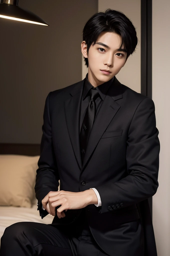 (Masterpiece、Perfect beauty), (Young Man, Black short hair), (secretary, suit), President&#39;s office, Modern Office,Subdued lighting,