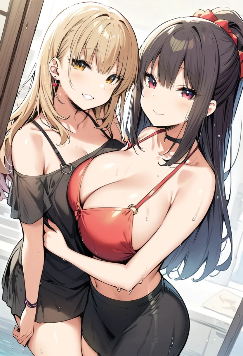 masterpiece, Highest quality, High resolution, JK,((Two Girls,)),View your viewers, , smile、stand.side angle shot,see-through uniform,glamorous,wet,wet