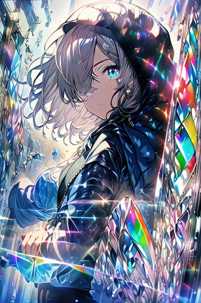 4k,Absurdres,Best quality,Masterpiece,Detailed illustration,Destructive art,Opulent,Insanely detailed,Ultra-highres,Ultra-detailed,Ultra detailed eyes,Ray Tracing,Illustrated,Reflected Light,(Dynamic angle:1.5),(Prism:1.5),1girl,Solo,(Big hood:1.5),(Hood up:1.5),(Hooded:1.5),(Dark blue jacket:1.5),(Black shirt:1.5),(Black leggings:1.5),(Blue eyes:1.5),(Gauze on face:1.5),(Long sideburns:1.5),(Medium hair:1.5),(Gray hair:1.5),(Hair over one eye:1.5),(Beautiful ass:1.5),(Breaking glass background:1.5),(Dark theme:1.5),(Looking at viewer:1.5),(Backlight:1.5),(Anime wallpaper:1.5)