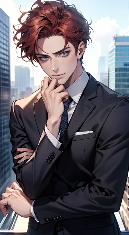 (best quality,4k,8k,highres,masterpiece:1.2),ultra-detailed,(realistic,photorealistic,photo-realistic:1.37),1 man,31 years old,mature man,very handsome,without expression,smile,short red hair,blue eyes,penetrating gaze,perfect face without errors,imposing posture,businessman,office background,cinematic lighting,hdr image