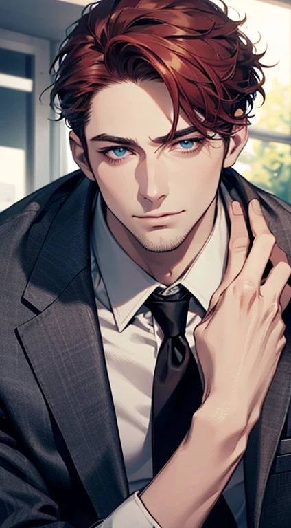 (best quality,4k,8k,highres,masterpiece:1.2),ultra-detailed,(realistic,photorealistic,photo-realistic:1.37),1 man,31 years old,mature man,very handsome,without expression,smile,short red hair,blue eyes,penetrating gaze,perfect face without errors,imposing posture,businessman,office background,cinematic lighting,hdr image