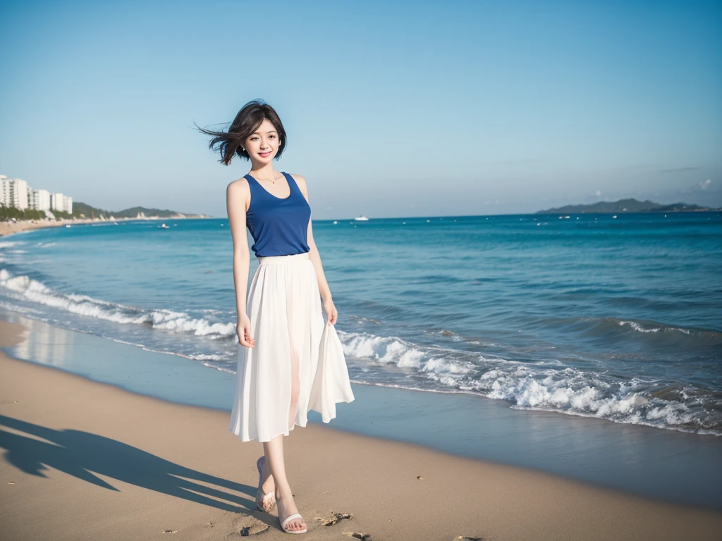 8K, blue, Beautiful 36-year-old short Korean woman, Chest size 34 inches, Wear sleeveless, light skirt. beautiful pretty woman look , wearing a light skirt , Short medium hair blowing in the wind, 1 short woman, beautiful eyes, I smile, Full-body photo taken from afar with a wide-angle lens, The background is clean and perfect., standing on a beautiful beach, wearing a light white skirt, 1 person