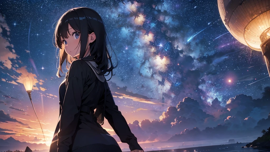 Pictures of starry skies, (Best quality), (masterpiece), (photorealistic), (realistic), ultra-detailed, unity 8k wallpaper, extremely detailed CG, ray tracking, sharp shadows, wonderful details, depth of field, Ultra detailed background, (background oriented, Horizon, reflection), (starry sky twinkling in the fullness of the sky, Lots of water bubbles floating around):1.4, quiet night, midnight, wide shot, back shot, from below, perfect lighting, panoramic view, dynamic shot, nature spreading out, no civilization in sight, no buildings, girl:0.01,
