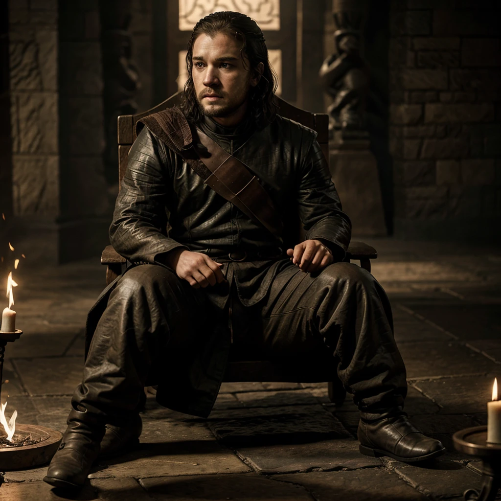 John snow sitting on iron throne
Caraxes standing behind the throne