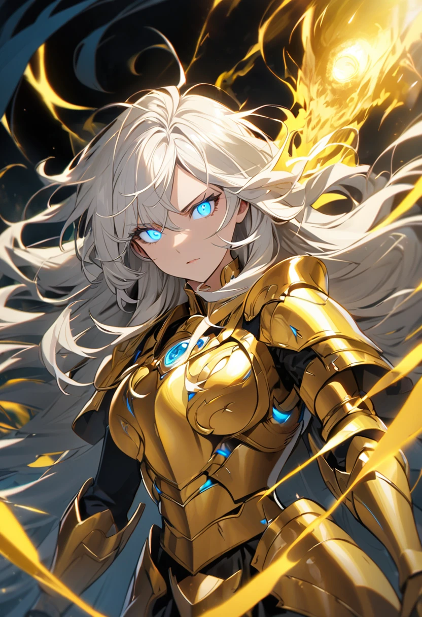 woman, god, god eyes, blue eyes, glowing eyes, yellow aura, golden armor, windy hair, long hair, white hair, god mature, god eyes
