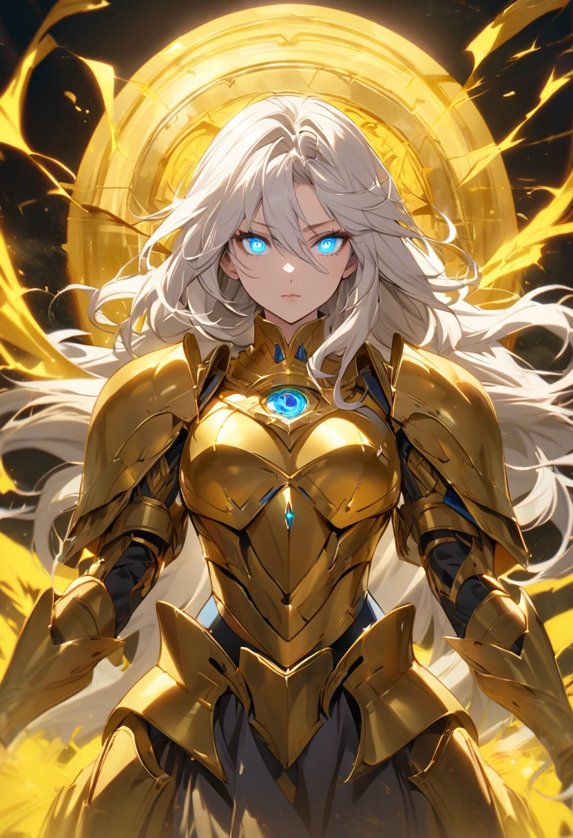 woman, god, god eyes, blue eyes, glowing eyes, yellow aura, golden armor, windy hair, long hair, white hair, god mature, god eyes
