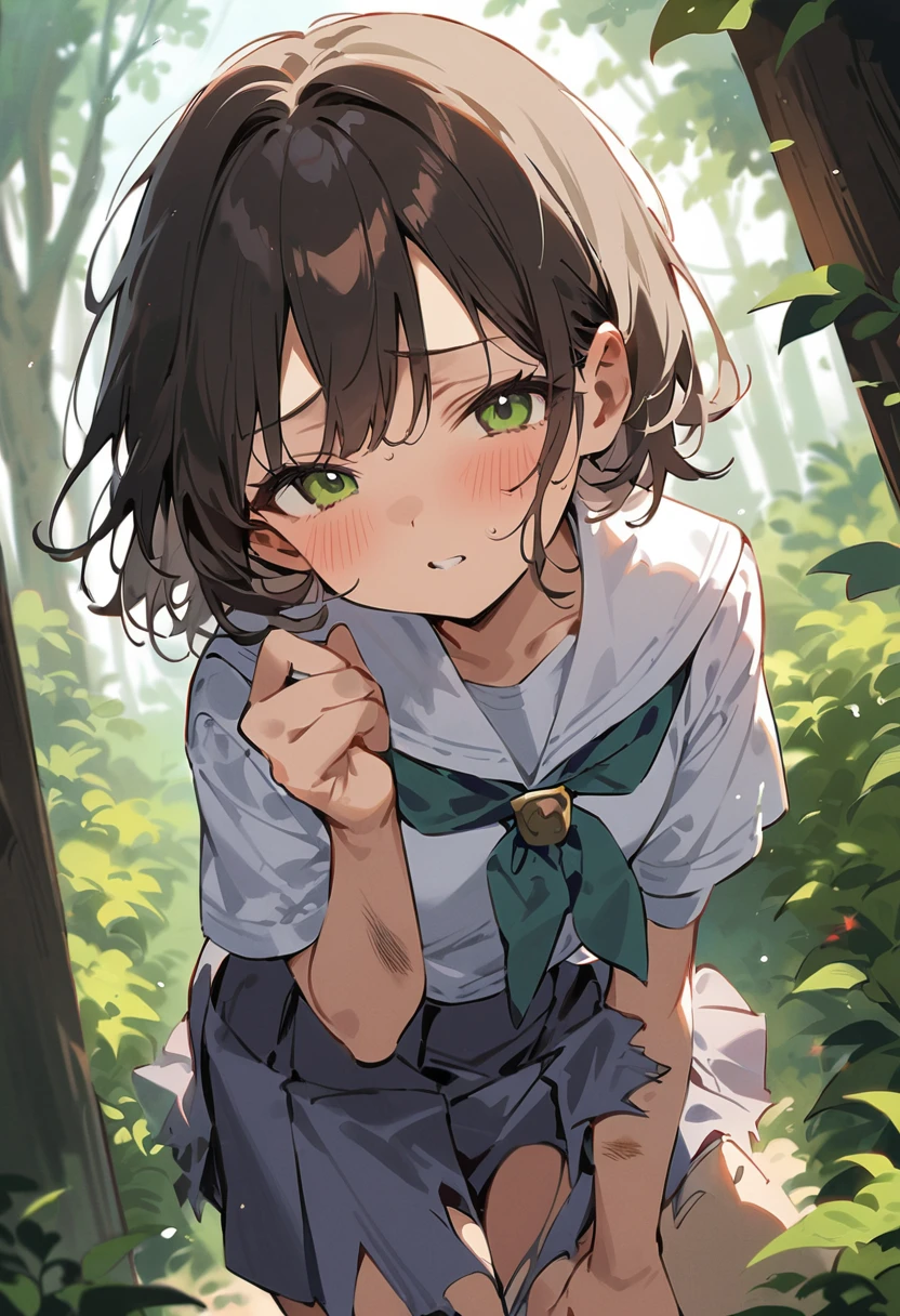 beautiful detailed girl,(masterpiece,best quality,extremely detailed:1.2),((cowboy shot:1.1)),(solo,10 years old,kawaii,slender,small breasts:1.25),(pained look:0.8),((white underwear) in ((Torn school uniform)):2),(dirty:2),blush,shy,weep,standing,(deep forest:1.5),(hug:0.4),rating: general, newest,Sexy face,(primitive:1.1)