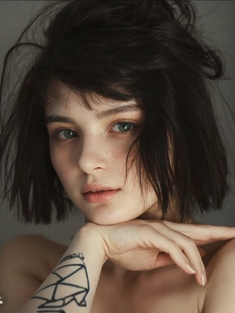  girl with clean pale skin and silky soft black hair, with small pink lips and a small, thin potato nose and light green eyes , taking a photo looking at the camera and good quality