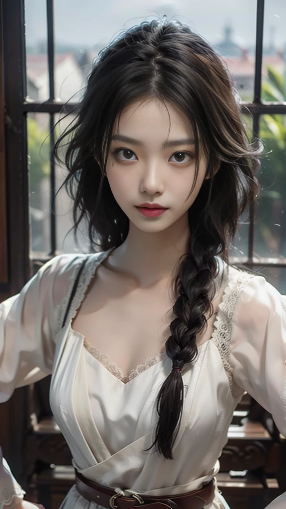 best quality,Super detailed,masterpiece,Employment,8K,Extremely detailed CG unifies 8K, 8K, diamond, and wallpaper，lifelike, Surreal, The original, Intricate details，Detailed face，Exquisite eyes, Skin smooth and soft, Delicate face, Big shining eyes，1 beautiful girl, 18 years old， Super beautiful face details, Smiling shyly, Medium breasts，(Red wide belt)，White transparent dress，braid