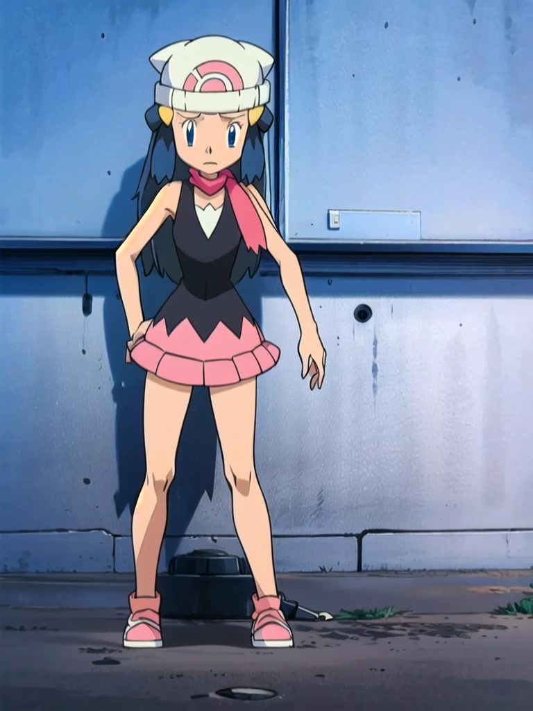 masterpiece, best quality, highres, 1girl, solo, dawn (pokemon), pink scarf, black shirt, pink skirt, hat, outdoors, bare shoulders,