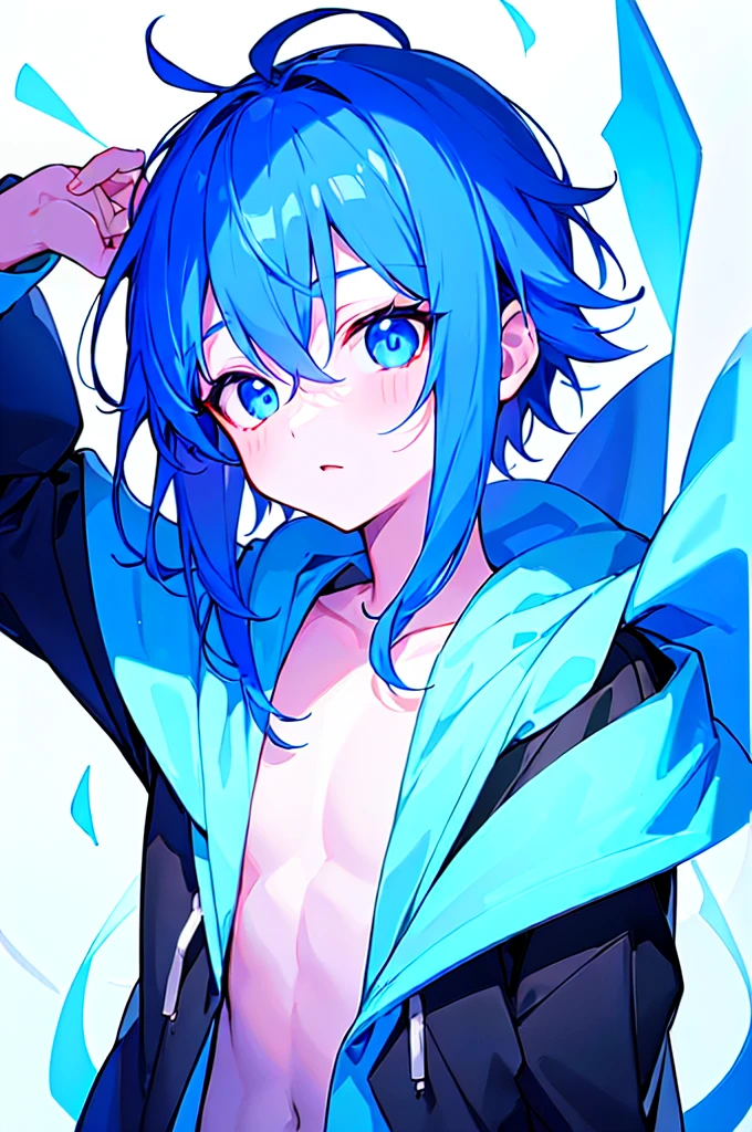 [(WHITE BACKGROUND:1.5),::5], ((((masterpiece)))), high quality, ultra very high resolution, full color, (((solo))), (()), oriental Blue hair, (oriental blue eyes), anime, ((upper body)), neon light, black parka, 