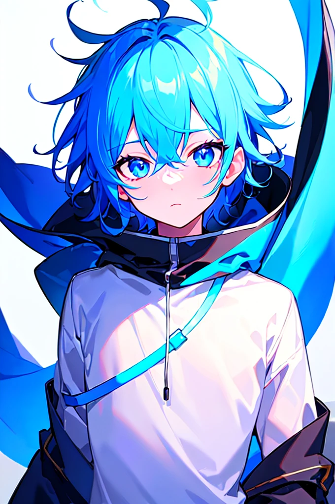 [(WHITE BACKGROUND:1.5),::5], ((((masterpiece)))), high quality, ultra very high resolution, full color, (((solo))), (()), oriental Blue hair, (oriental blue eyes), anime, ((upper body)), neon light, black parka, 