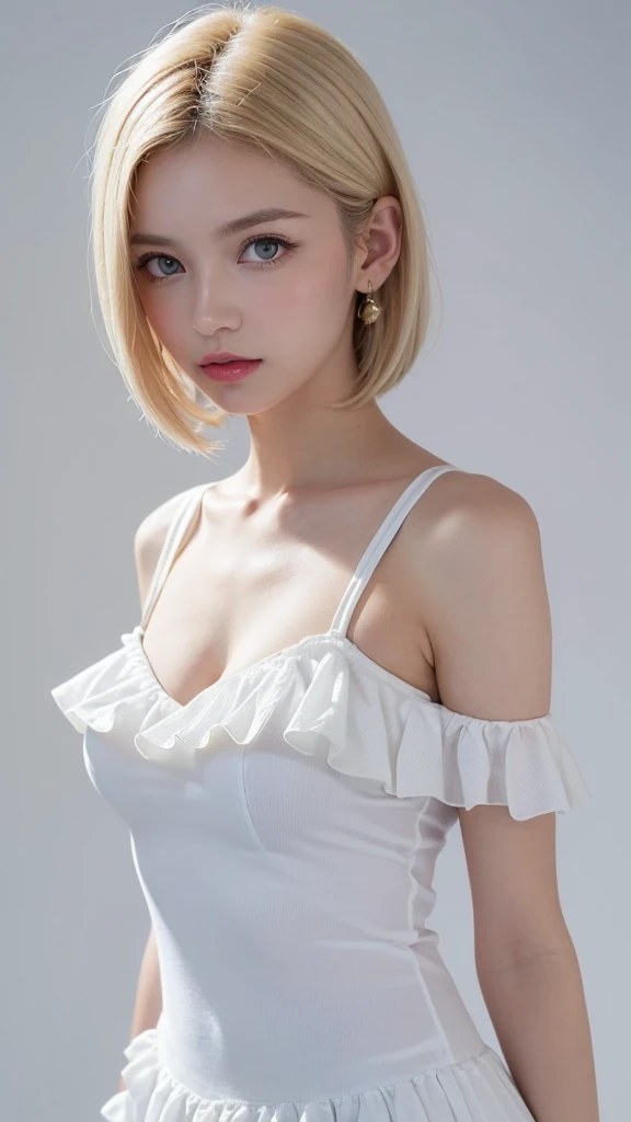 Shooting in RAW format.、photorealistic、one girl 、Very good、slim, flat chest:1.2))、realistic eyes、realistic eyes、Realistic and carefully rendered eyes、Charming eyes、Platinum blonde hair color、Short tight white wet swim trunks、top quality、ultra high resolution、８ｋ、full length, Thin bra