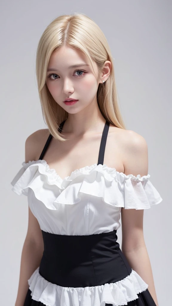 (((forehead、White Blonde Hair、Northern Europe、White people、beautiful girl、Blonde、White background、Frills、race、slit、Off the shoulder、See-through、flare skirt、Shoulder straps)))、table top, highest quality, figure, super detailed, finely, High resolution, 8k wallpaper, Perfect dynamic composition, detailed and beautiful eyes, Deco out,bionde, medium hair, big breasts, Natural color lip,white background, random cute poses,frill dress