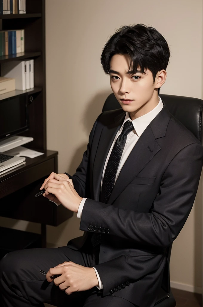 (Masterpiece、Perfect beauty), (Young Man, Black short hair), (secretary, suit), President's office, Modern Office,