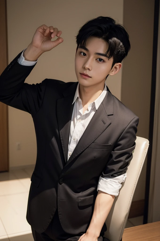 (Masterpiece、Perfect beauty), (Young Man, Black short hair), (secretary, suit), President's office, Modern Office,