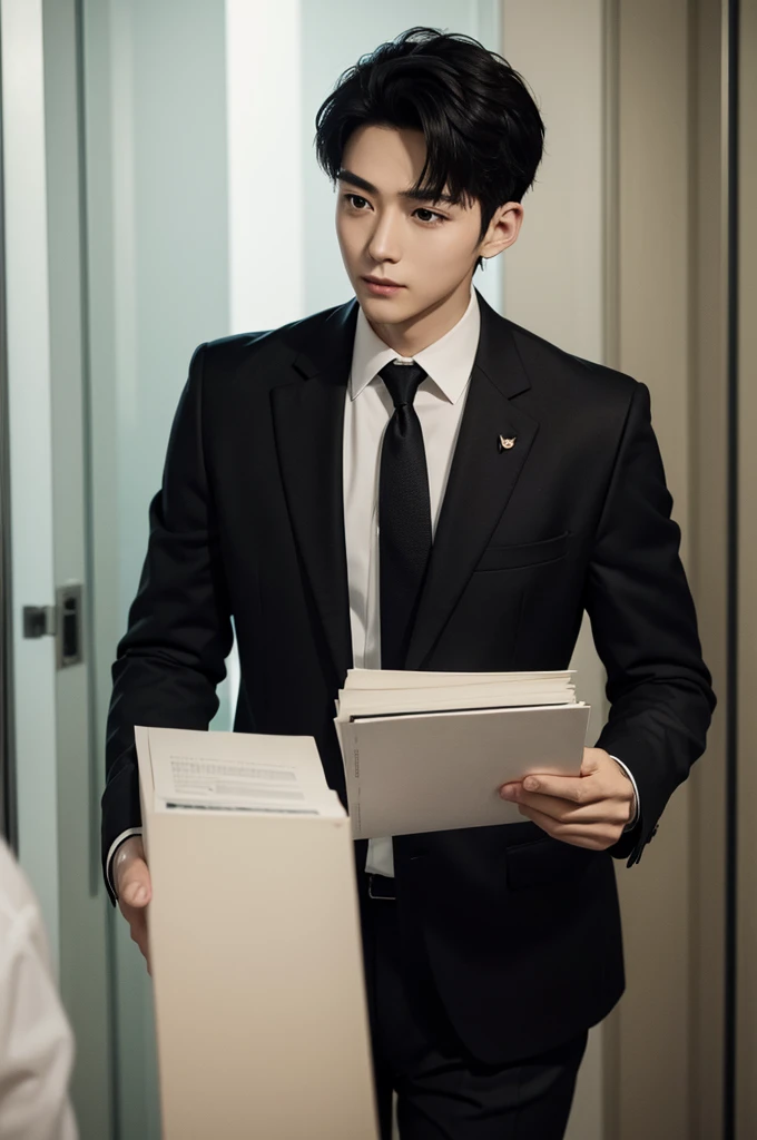 (Masterpiece、Perfect beauty), (Young Man, Black short hair), (secretary, suit), President's office, Modern Office,