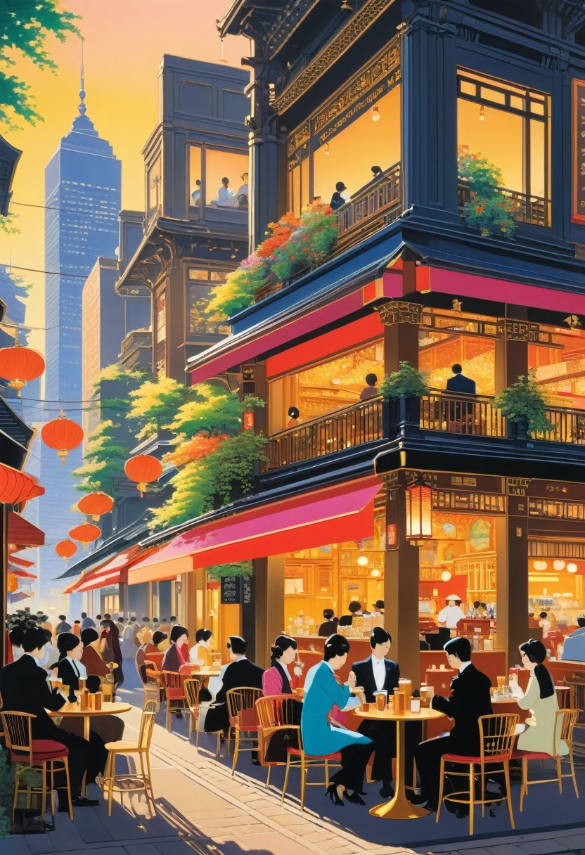 A fashionable outdoor café scene in the style of Seizo Watase, with vivid colors and intricate details. The setting includes patrons enjoying their drinks, a barista serving coffee, and a background of bustling city life, all bathed in the gentle glow of the evening sun.