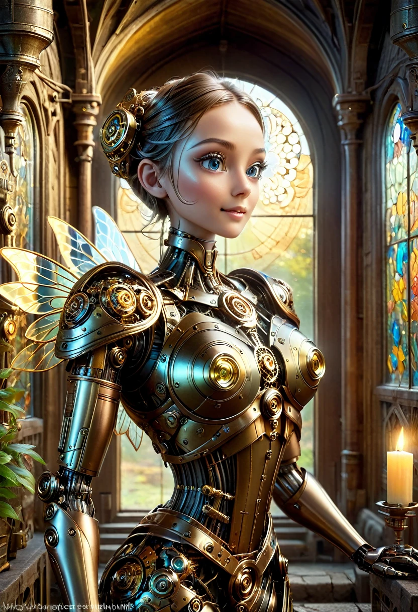 A robotic clockwork fairy. All bronze, gears, crAFTSMAN STYLE. GLASS WINGS. masterpiece, best quality, highly detailed, solo, looking at viewer, smile, mechaical face, face sculpted bronze. Ultra HD, Rococo-Inspired Fantasy Art With Intricate Details. Cute, Charming Expression, Alluring-Gaze, looking at viewer Beautiful Eyes, An-Ideal-Figure. . slim waist, fit body, Warm lightssymmetrical face, photorealistic, photography, path tracing, specular lighting, volumetric face light, path traced hairmaximum quality{(masutepiece) (8K High Resolution) (top-quality) In the style of breath of the wild.medieval monastery garden,steampunk craftsman robot monk,beautiful ornate architecture,steampunk machinery and gears,exquisite stained glass windows,enchanted flower garden,ancient stone walkway with intricate carvings,glowing candles and dimly lit atmosphere,steam and smoke billowing from the machinery,mystical atmosphere,peaceful and serene setting,mechanical wings attached to the robot monk's back,robot monk with intricate clockwork mechanisms,electromechanical eyes glowing with energy,warm golden color palette,gentle sunlight streaming through the stained glass windows,whispering sound of wind and rustling leaves,the scent of aged books and incense,notes of ancient Gregorian chants echoing in the air,sense of awe and tranquility,combination of futuristic and medieval elements,harmony of technology and spirituality.