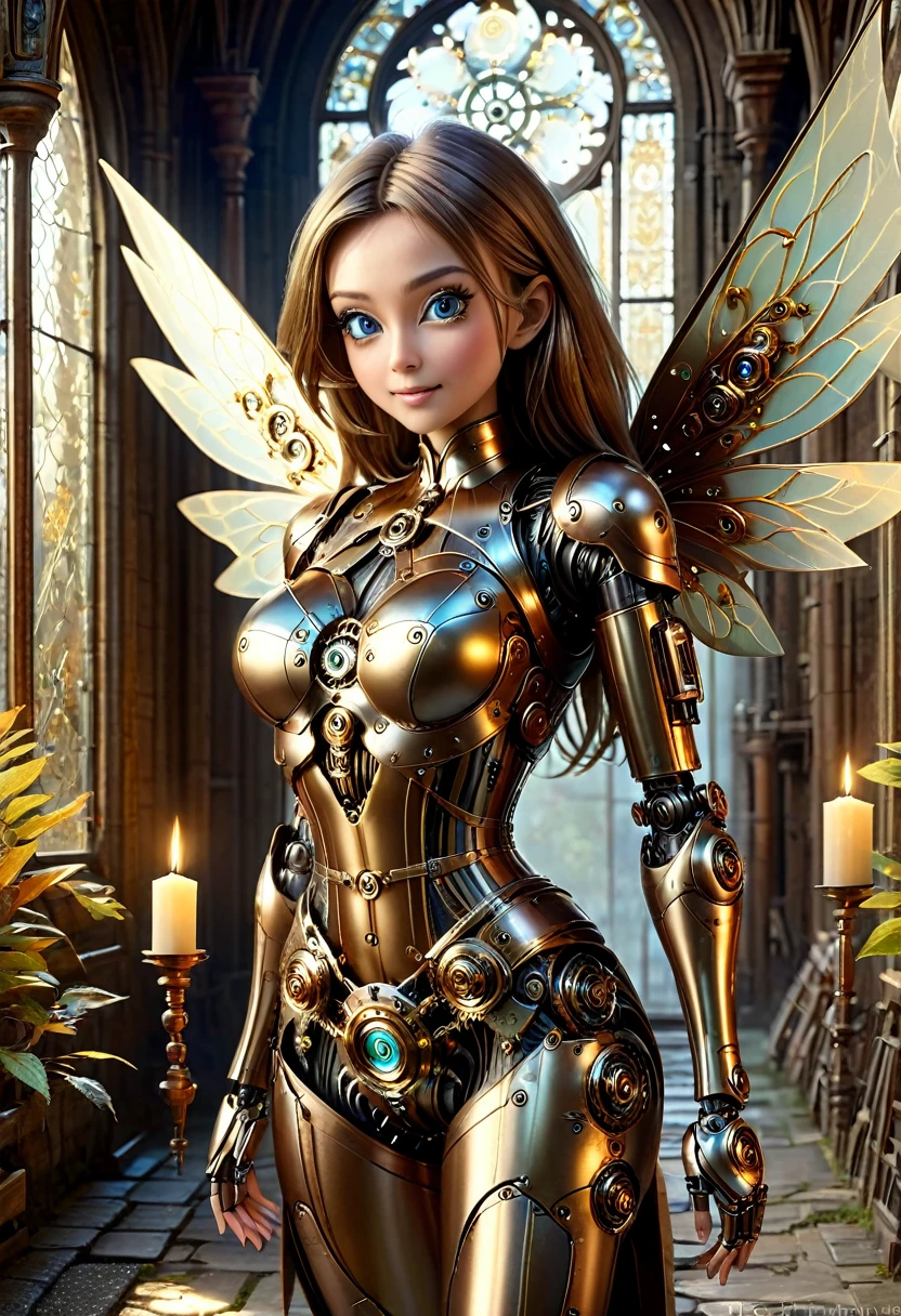 A robotic clockwork fairy. All bronze, gears, crAFTSMAN STYLE. GLASS WINGS. masterpiece, best quality, highly detailed, solo, looking at viewer, smile, mechaical face, face sculpted bronze. Ultra HD, Rococo-Inspired Fantasy Art With Intricate Details. Cute, Charming Expression, Alluring-Gaze, looking at viewer Beautiful Eyes, An-Ideal-Figure. . slim waist, fit body, Warm lightssymmetrical face, photorealistic, photography, path tracing, specular lighting, volumetric face light, path traced hairmaximum quality{(masutepiece) (8K High Resolution) (top-quality) In the style of breath of the wild.medieval monastery garden,steampunk craftsman robot monk,beautiful ornate architecture,steampunk machinery and gears,exquisite stained glass windows,enchanted flower garden,ancient stone walkway with intricate carvings,glowing candles and dimly lit atmosphere,steam and smoke billowing from the machinery,mystical atmosphere,peaceful and serene setting,mechanical wings attached to the robot monk's back,robot monk with intricate clockwork mechanisms,electromechanical eyes glowing with energy,warm golden color palette,gentle sunlight streaming through the stained glass windows,whispering sound of wind and rustling leaves,the scent of aged books and incense,notes of ancient Gregorian chants echoing in the air,sense of awe and tranquility,combination of futuristic and medieval elements,harmony of technology and spirituality.