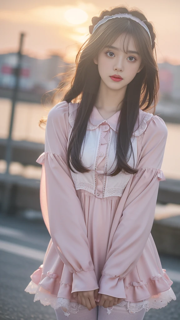 8K, Ultra HD, masterpiece, 1 girl, Very cute face, Delicate eyes, Extra long hair, Delicate lips, Light makeup, very highly detailed costume, Lolita clothing, Magenta clothing, Strom Weather, cloud, Low lighting, an blowing, Pantyhose