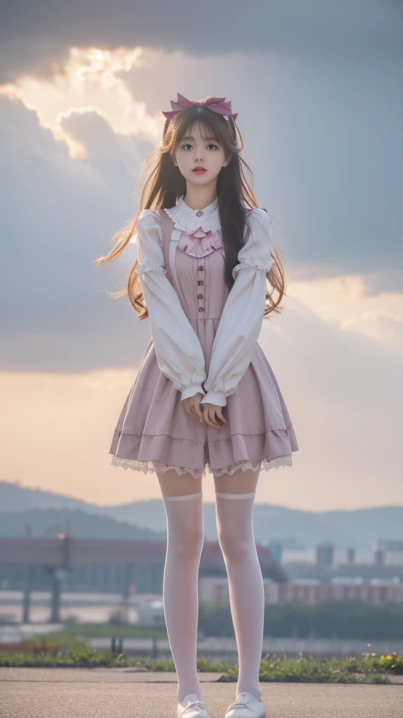 8K, Ultra HD, masterpiece, 1 girl, Very cute face, Delicate eyes, Extra long hair, Delicate lips, Light makeup, very highly detailed costume, ta clothing, Magenta clothing, Strom Weather, cloud, Low lighting, an blowing, Pantyhose