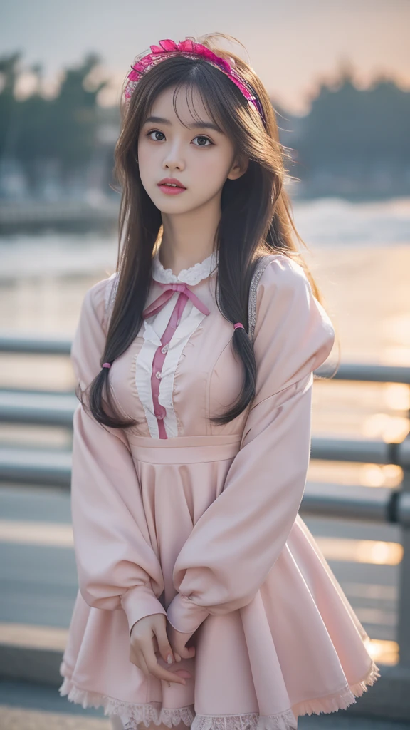 8K, Ultra HD, masterpiece, 1 girl, Very cute face, Delicate eyes, Extra long hair, Delicate lips, Light makeup, very highly detailed costume, Lolita clothing, Magenta clothing, Strom Weather, cloud, Low lighting, an blowing, Pantyhose