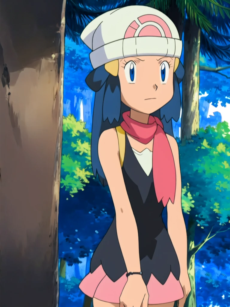 masterpiece, best quality, highres, 1girl, solo, dawn (pokemon), pink scarf, black shirt, pink skirt, hat, outdoors, bare shoulders, 