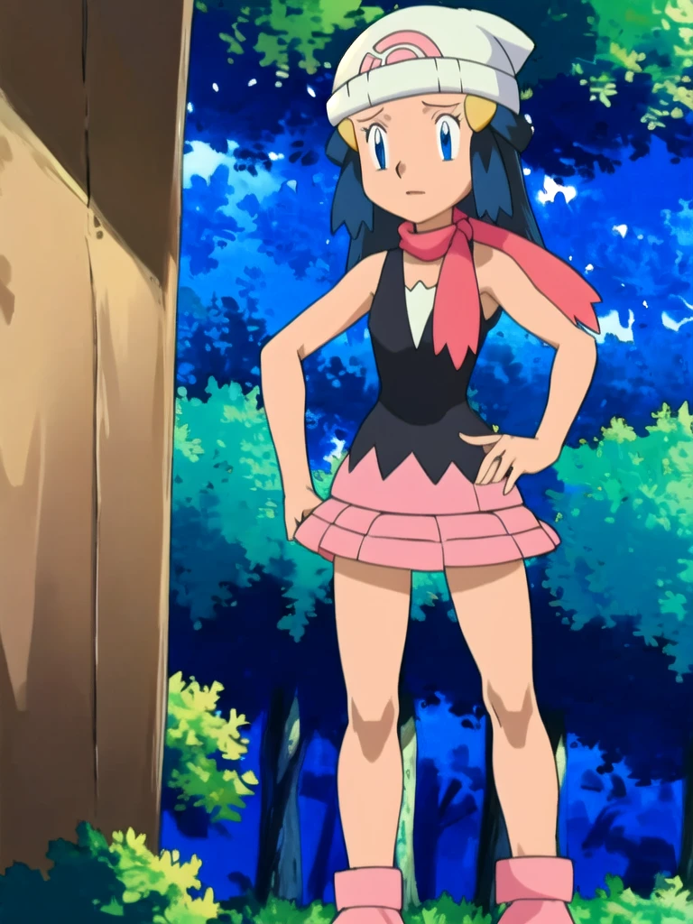 masterpiece, best quality, highres, 1girl, solo, dawn (pokemon), pink scarf, black shirt, pink skirt, hat, outdoors, bare shoulders, 