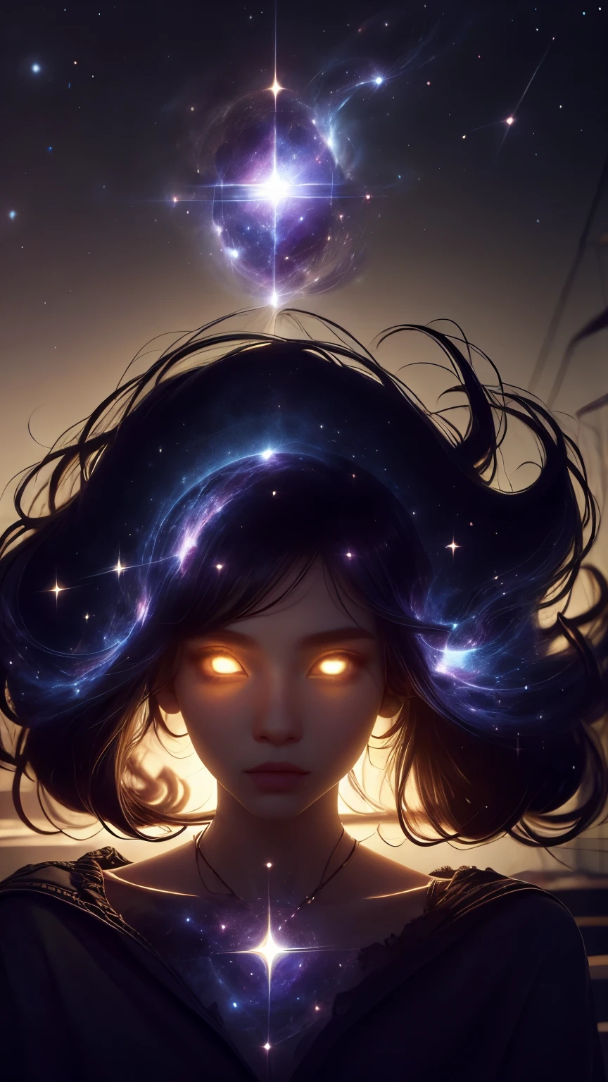 Extremely beautiful divine woman, made of cosmos, glare eyes, she is holding a mystical energy, your hair is flying.