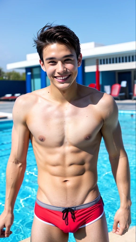 male Age 24 swimwear lifeguard topless smile