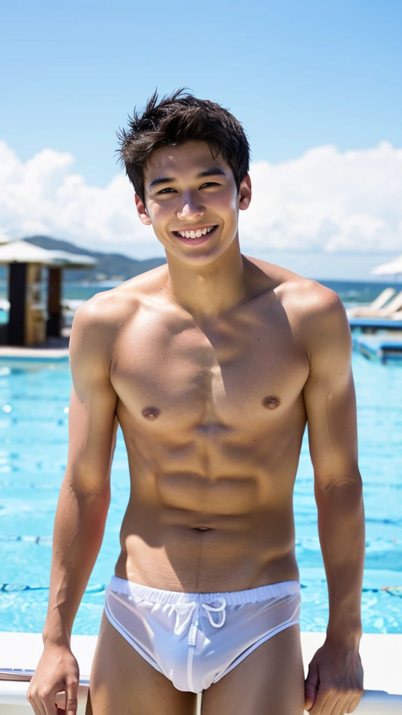 male Age 24 swimwear lifeguard topless smile