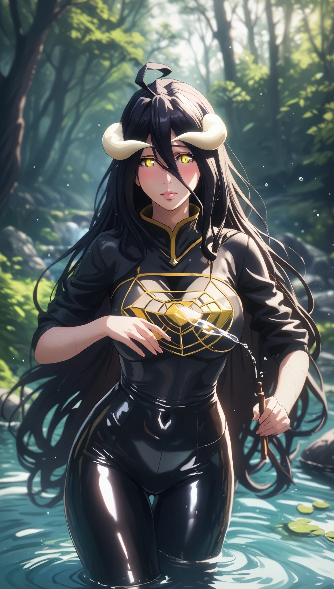 (hero neisan art style:0.7), score_9, score_8_up, score_7_up, score_6_up, uncensored, albedo, long hair, black hair, horns, demon girl, demon horns, albedo (overlord), hair between eyes, yellow eyes, slit pupils, BREAK (masterpiece:1.2), best quality, high resolution, (illustration:0.8), (detailed eyes:1.3), perfect lighting, extremely detailed CG, (perfect hands, perfect anatomy),  latex bikesuit, solo, nature,  outdoors, standing, forest, looking_at_viewer, water, blurry, tree, blurry_foreground, water_drop, rock, depth_of_field, 