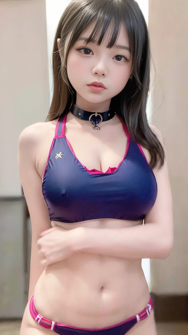 (8x_NMKD-Superscale_150000_G),(8K, Super high quality,highest quality),(masterpiece:1.5),(iron collar:1.5),(girl),(),(sailor swimsuit),A beautiful girl from a foreign land wears a sailor swimsuit, has a collar attached to her, and is brainwashed in a basement.,Alignment