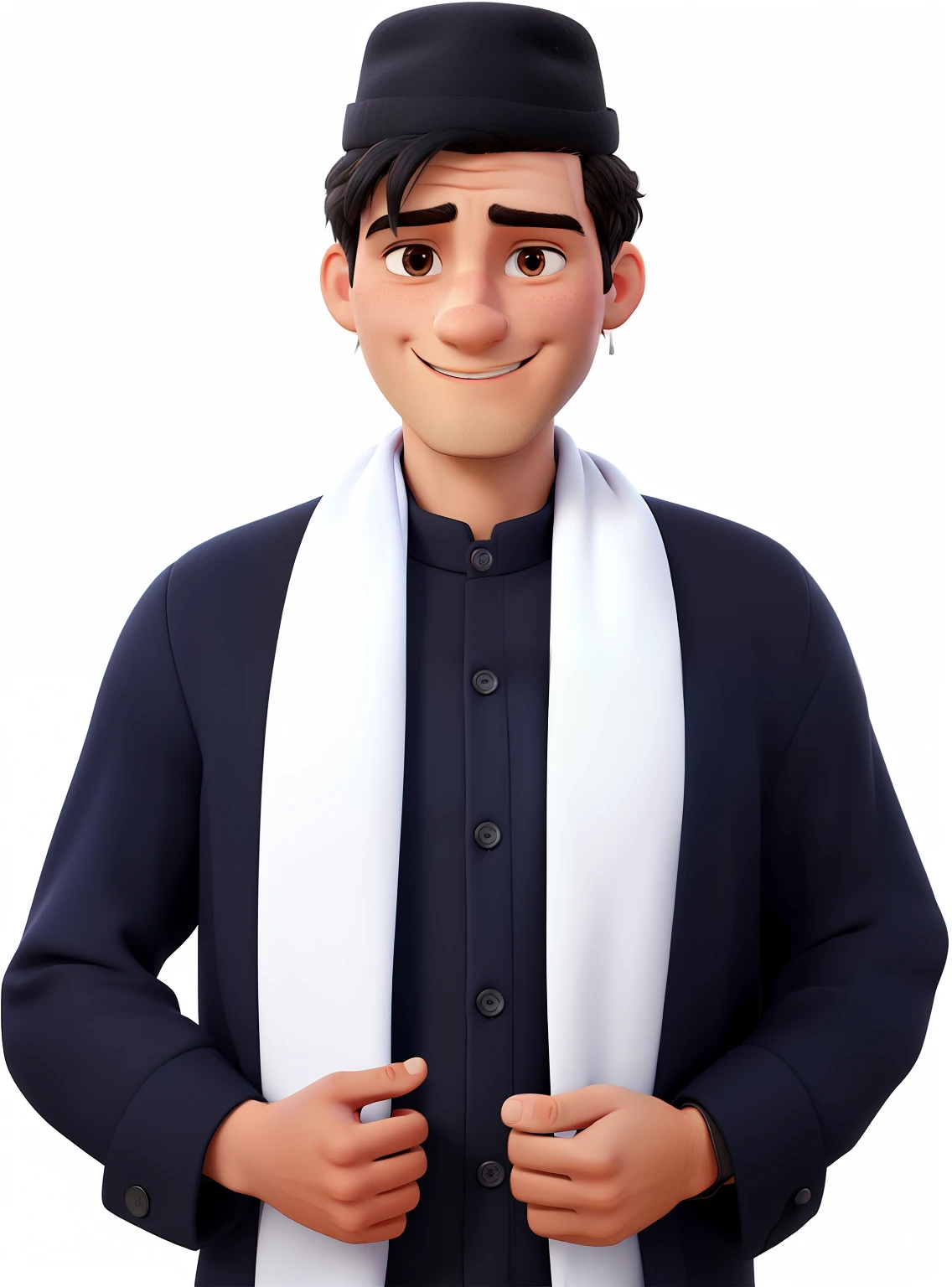 make a realistic caricature of a man, A man with a friendly expression, tall, thin body, oval face shape. oval chin, handsome, slightly round eyes, white skin, wearing a dark blue traditional dress with a row of buttons on the front. He wears a white scarf around his neck and a black hat with intricate white embroidery. The man smiles warmly and holds the ends of his scarf with both hands. He has short black hair and wears a ring on his left hand. The background should be plain white. Use soft photography lighting with hair lighting, edge lighting, and top lighting. Very high detail photo