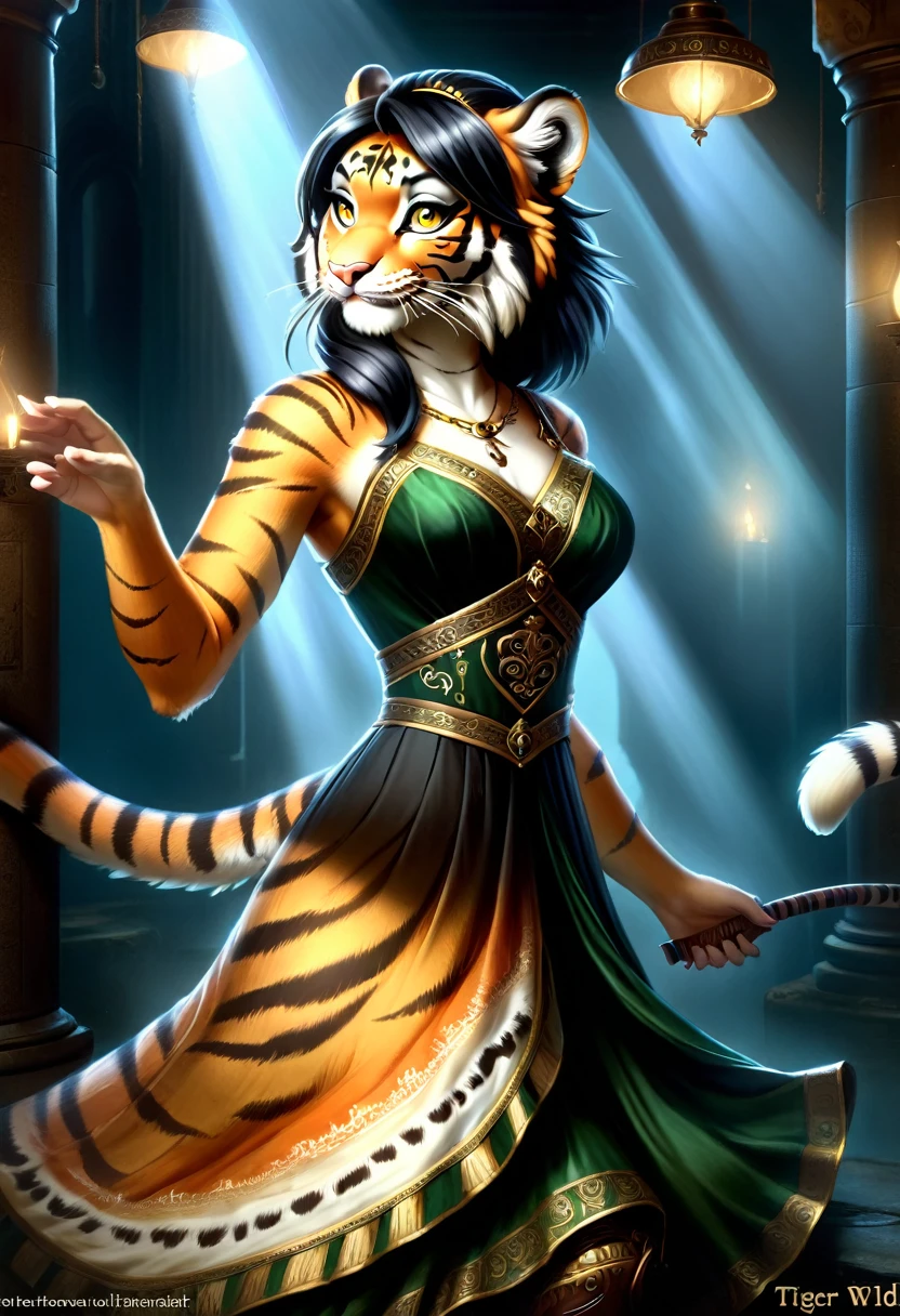 Create an realistic illustrated, hand-drawn, full-color image of an anthropomorphic tiger women. The artwork should be rendered in the style of "Breath of the Wild," featuring warm lighting and shadows. Include graphite shading, stencil marks, and airbrushed acrylic paint effects. dress. Long orange and black striped hair. The image should be of the highest quality, a masterpiece with intricate details. The tiger women should have a female, humanoid, appearance. She should have luscious lips, a wide smile, and bright, expressive eyes, exuding beauty, cuteness, and adorableness. Ensure the image is high resolution and sharply detailed, with a detailed and vibrant background. Incorporate mystical lighting in the background, creating a romantic and enchanting atmosphere.