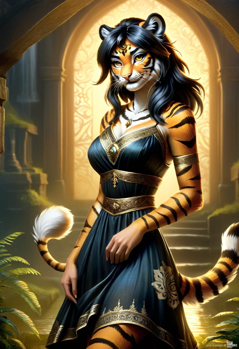 Create an realistic illustrated, hand-drawn, full-color image of an anthropomorphic tiger women. The artwork should be rendered in the style of "Breath of the Wild," featuring warm lighting and shadows. Include graphite shading, stencil marks, and airbrushed acrylic paint effects. dress. Long orange and black striped hair. The image should be of the highest quality, a masterpiece with intricate details. The tiger women should have a female, humanoid, appearance. She should have luscious lips, a wide smile, and bright, expressive eyes, exuding beauty, cuteness, and adorableness. Ensure the image is high resolution and sharply detailed, with a detailed and vibrant background. Incorporate mystical lighting in the background, creating a romantic and enchanting atmosphere.