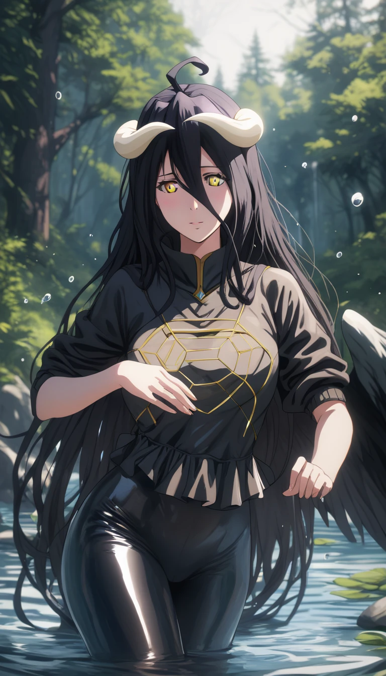 (hews art style:0.7), score_9, score_8_up, score_7_up, score_6_up, uncensored, albedo, long hair, black hair, horns, demon girl, demon horns, albedo (overlord), hair between eyes, yellow eyes, slit pupils, BREAK (masterpiece:1.2), best quality, high resolution, (illustration:0.8), (detailed eyes:1.3), perfect lighting, extremely detailed CG, (perfect hands, perfect anatomy),  latex bikesuit, solo, nature,  outdoors, standing, forest, looking_at_viewer, water, blurry, tree, blurry_foreground, water_drop, rock, depth_of_field, 