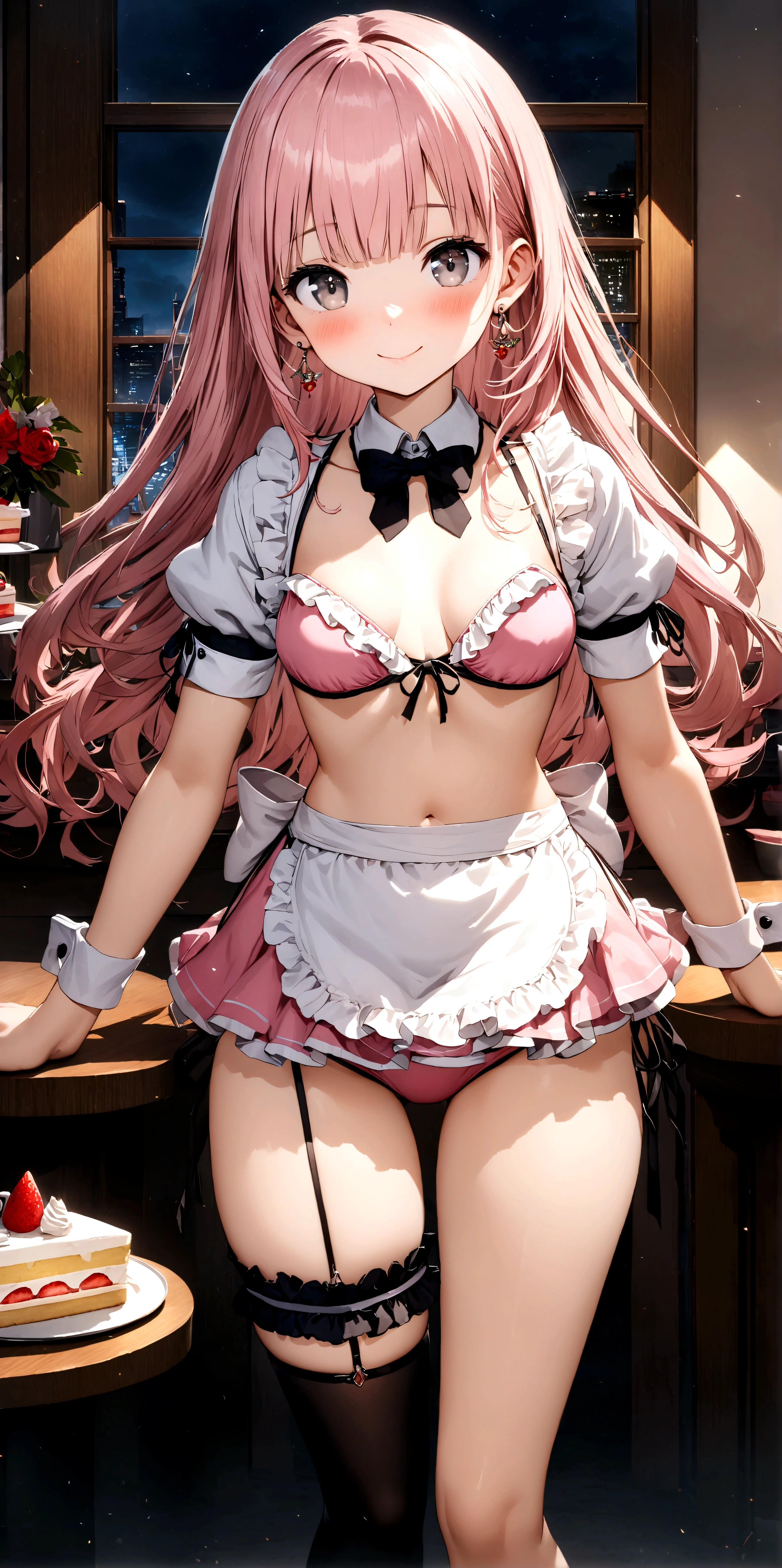 ((32k)), ((best quality)), ((ultra high res)), ((HDR)), ((UHD)), ((extremely detailed CG)), ((unity 32k wallpaper)), (1girl), (()), ideal ratio body proportions, long hair, (breasts), looking at viewer, blush, smile, bangs, thighhighs, bow, holding, cleavage, jewelry, (pink bikini), (medium breasts), closed mouth, standing, swimsuit, (pink hair), short sleeves, bikini, ((cowboy shot)), earrings, frills, food, black thighhighs, indoors, bowtie, apron, cup, puffy short sleeves, wrist cuffs, grey eyes, thigh strap, detached collar, side-tie bikini bottom, thigh gap, table, single thighhigh, waist apron, white apron, plate, tray, teacup, cake, frilled apron, bridal garter, holding tray, cake slice, (night),