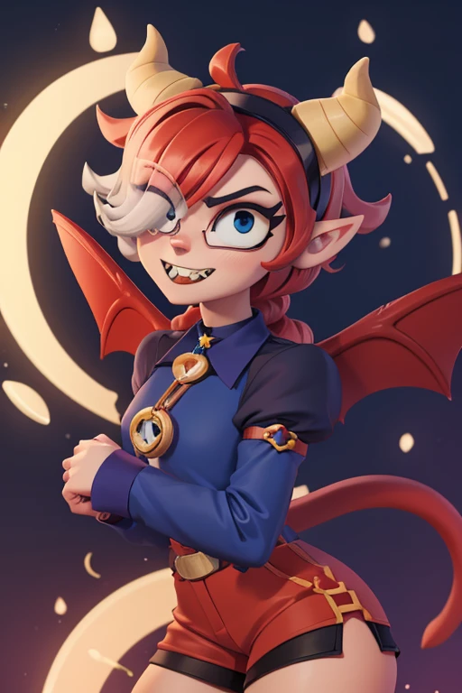 Surreal beautiful cat elf, detailed red hair, face detailed, big demon horns, futuristic glasses on the right eye, fully body, Big eyes, long and pointed nose, colettetrixie, sharp teeth, hair over one eye, hairband, demon horns, colored sclera, purple shirt, purple shorts, demon wings, 8K