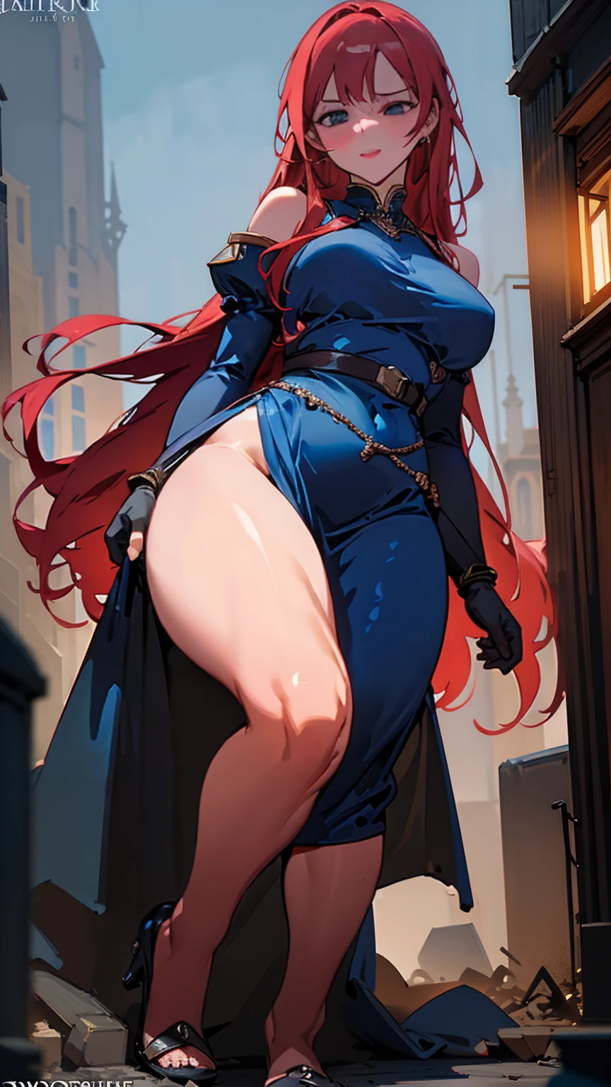 sexy giantess woman, long hot legs, red hair, blue eyes, hot dress, medieval city, destroying city, masterpiece, photorealistic, 8k, ultra-detailed, cinematic lighting, dramatic lighting, highly detailed, intricate details, vibrant colors, sharp focus